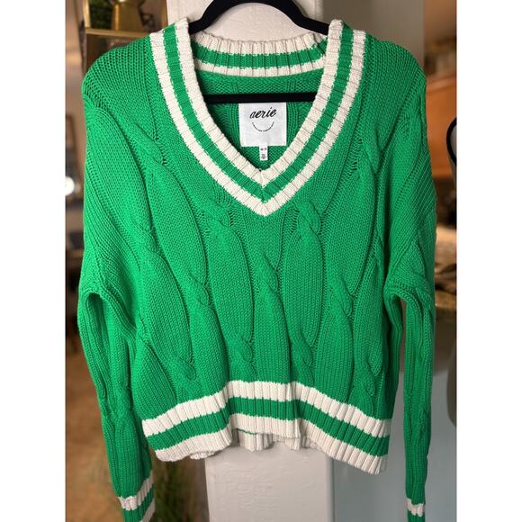 American Eagle Aerie Cropped Cable V-NECK Oversized Sweater Green Size XS 0-4 - Picture 2 of 5